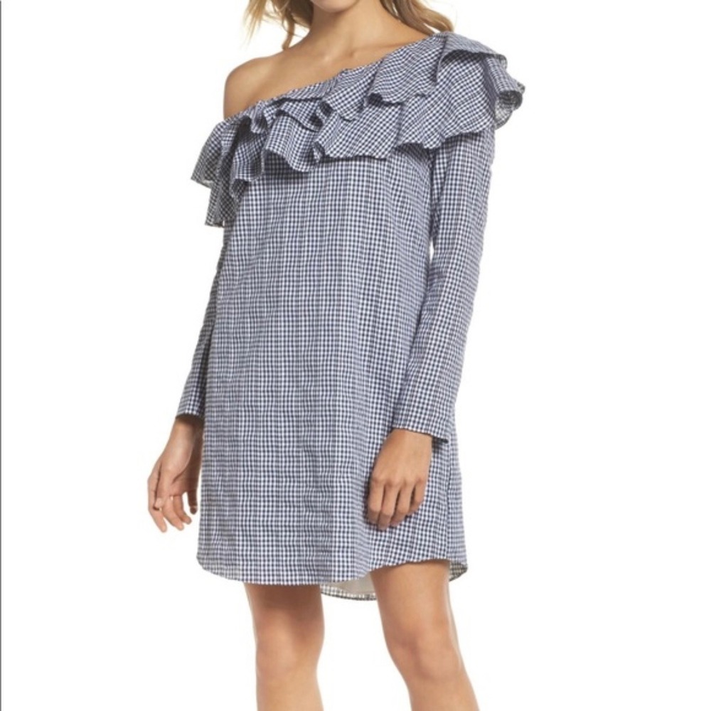 Adelyn Rae Women's Dress Size L‎ Blue White Gingham One Shoulder Ruffle